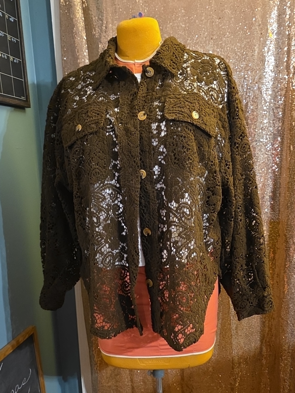 BiBi Brown Crochet Button-Front Shirt Jacket